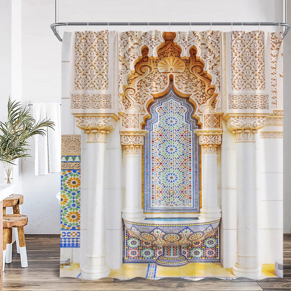 Marokkanischer Boho-Duschvorhang Bohemian-Stil Druck Vintage Heimdekoration Für Badezimmer Wandbild Polyester Badewannenvorhang Mit Haken