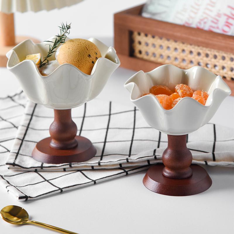 American Vintage Tall Ceramic Cake Mug French Elegance Ice Cream Cup Wooden Tall Dessert Pudding Cup