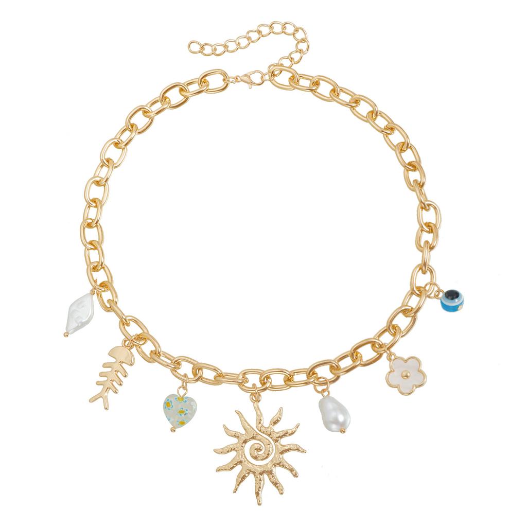 Personalized Design Sunflower Necklace Fish Bone Flower Love Multi-element Short Street Auction Item