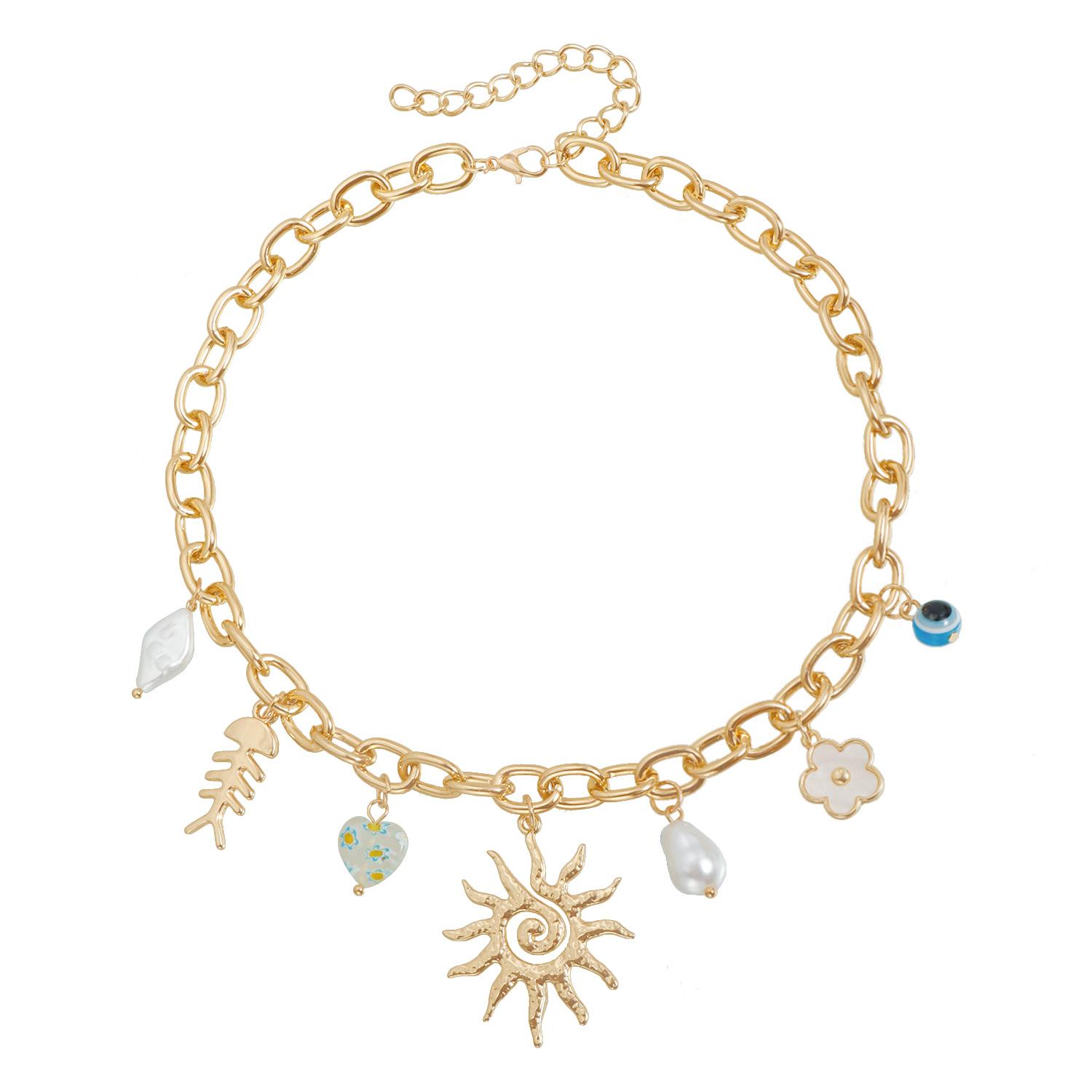 Personalized design sunflower necklace fish bone flower love multi-element short street auction item золотой