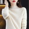 Women's Slimming 100% Wool Half-High Neck Sweater, Seamless Cashmere Knit Base Layer, Autumn Winter Loose Top with Hollow-Out Design