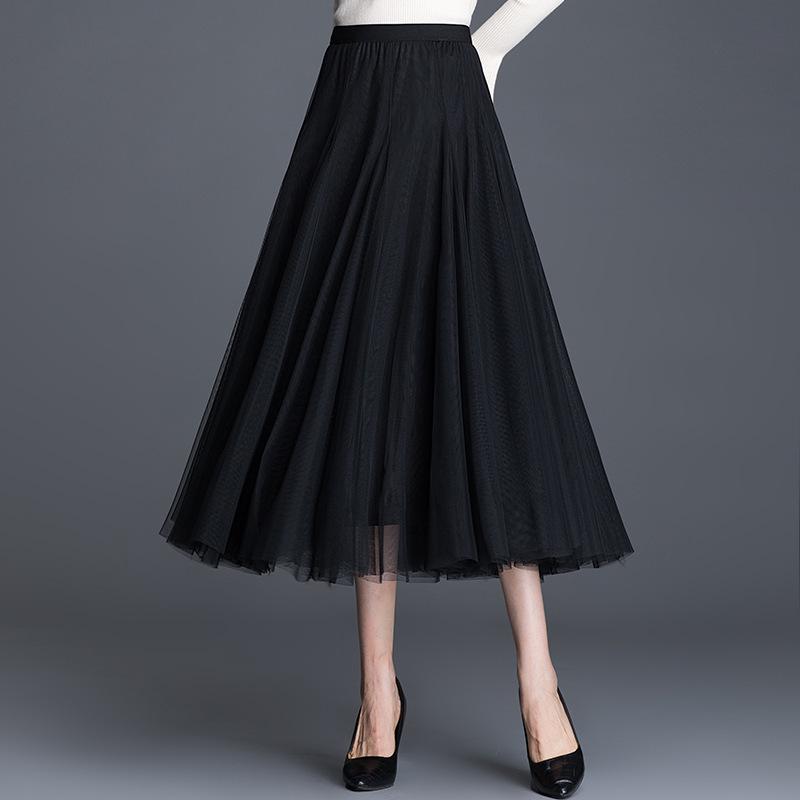 Women's High-Waist Mid-Length Pleated Mesh Skirt