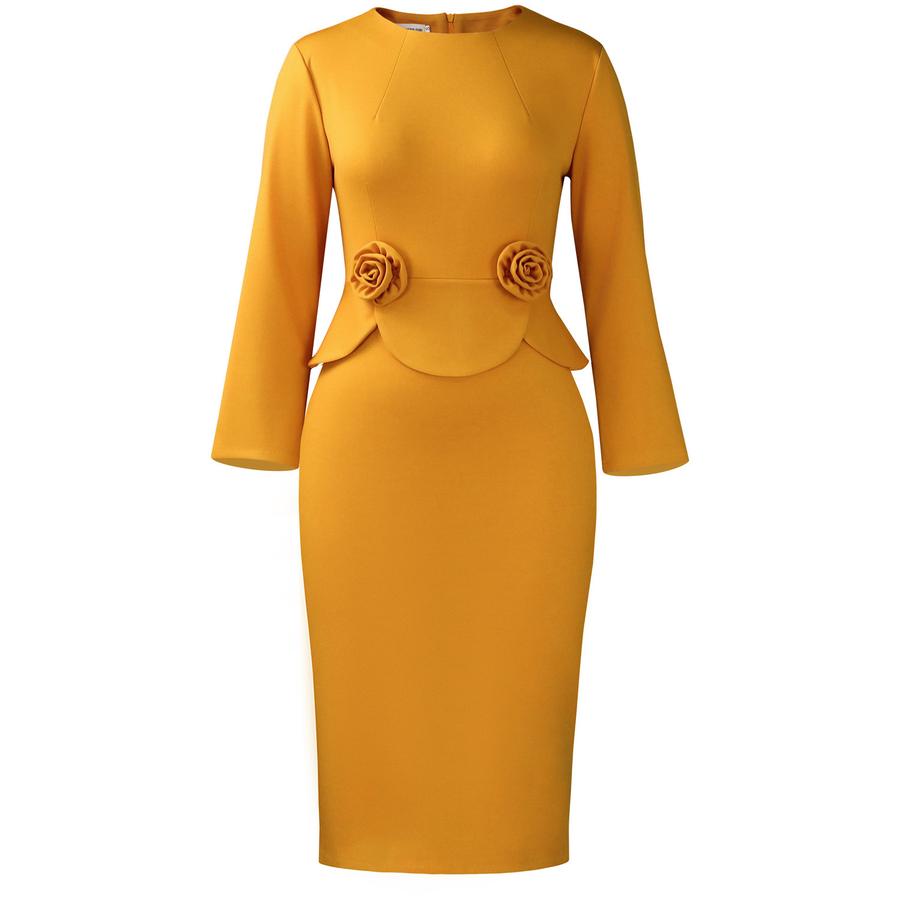 

Women s Autumn Winter Fashion Crew Neck Long Sleeve Solid Color Floral Print Dress XXXL земля жовтий колір