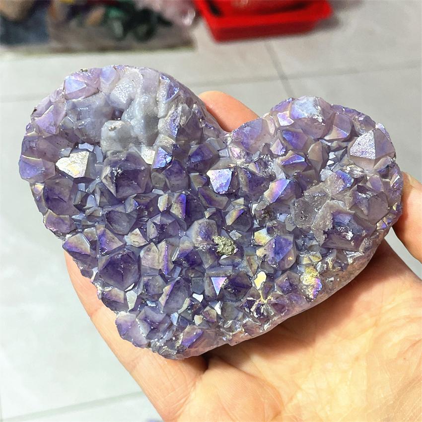 1pcs Amethyst Geode Heart Shaped Crystal Healing Crystals Stones Titanium Rainbow Aura Amethyst Cluster Angel Aura Quartz