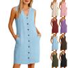 Women's Tank Dress Casual Sleeveless V Neck Button Down Cotton Linen Dresses