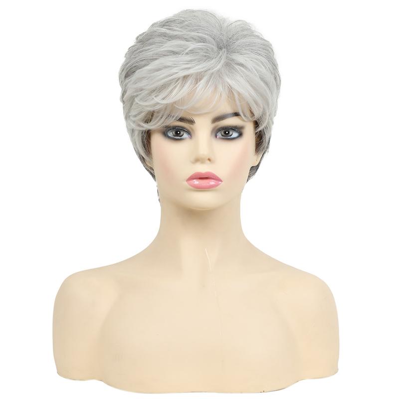 

Женские парики Короткие стрижки Синтетический Серый Многослойный Вьющийся Парик Мамочки с Челкой Женский Костюм для Пожилой Леди Средний Размер Мягкие Волосы