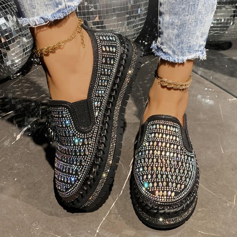 Student Casual Board Shoe Muffin One Pedal Four Seasons Rhinestone Muffin Thick-soled Loafer Breathable Flat-soled Single Shoes Women