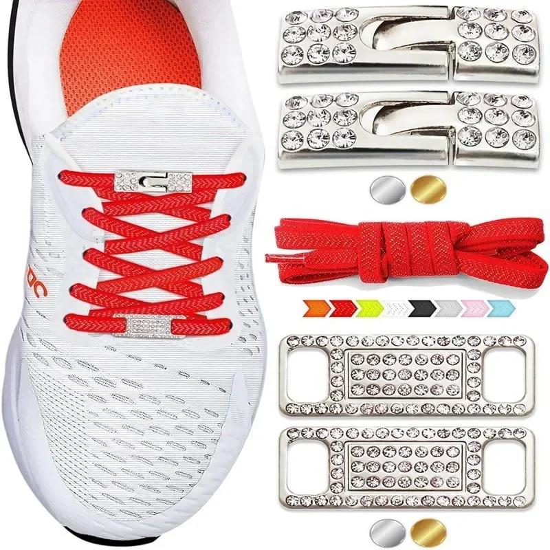 Diamant-Kreuzverschluss Elastische Schnürsenkel ohne Binden Flaches Etikett Schuhe für Damen Herren Schnürsenkel Luxus Bling Intelligente Schnalle AF1 Metall-Schnürsenkel