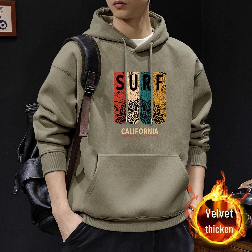 Men's Plus Velvet Hooded Sweatshirt - Heavyweight Autumn/Winter High-Street Style Trendy Jacket