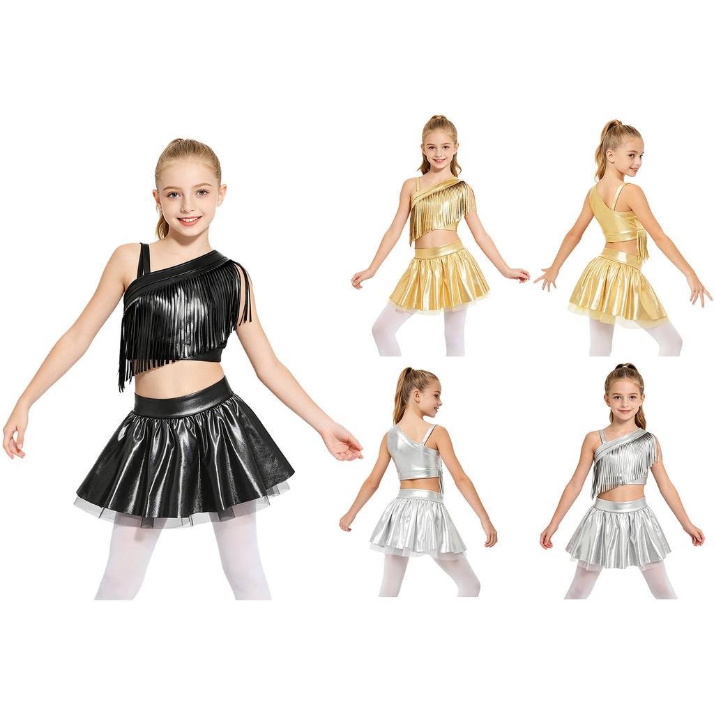 Mädchen Metallische Fransen Jazz Dance Outfit Asymmetrisches Schulterfreies Crop Top Elastischer Bund Glänzender Tüllrock