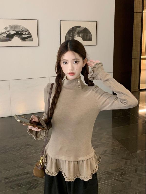 Korean Style Slimming Ruffle Turtleneck Women's T-Shirt for Autumn/Winter