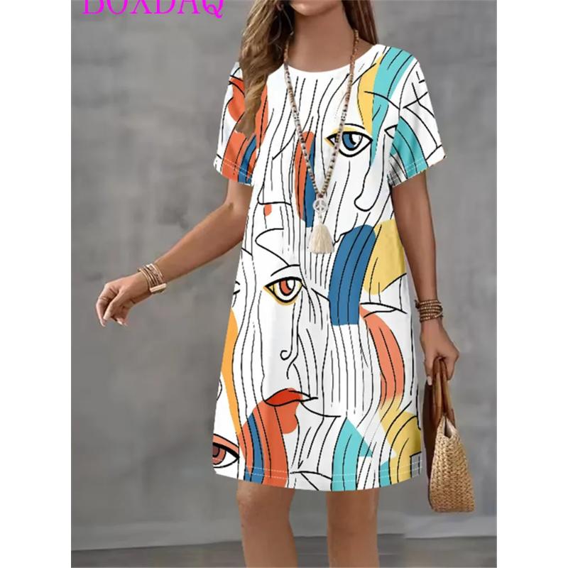 Fashion Women s Abstract Print Loose Dress Comfortable Versatile Casual Dresses 5XL