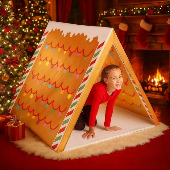 Gingerbread Christmas Tent for Kids 45" X 33" Brown Christmas Sleepover Tent Gingerbread House Play Tent for Home Indoor Xmas Holiday Party Decor