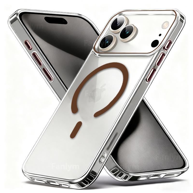 Transparent Phone Case For iPhone 17 16 15 14 13 Pro Max Plus 17 Air 16e Clear For Magsafe Magnetic Wireless Metal Button Cover