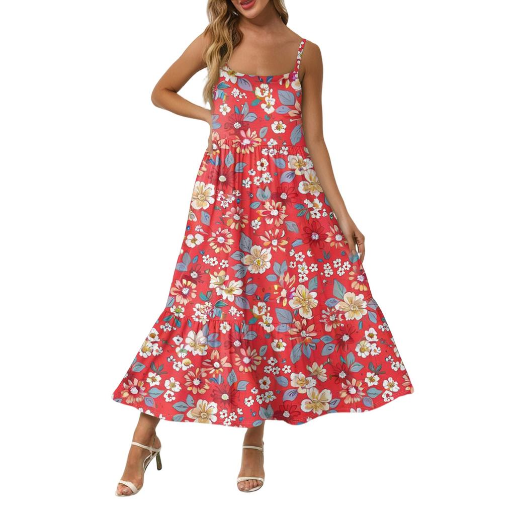 Damska Długa Plażowa Codzienna Elegancka Sukienka Maxi na Cienkich Ramiączkach, Szyta, Subtelna, Zwiewna Sukienka w Stylu Boho
