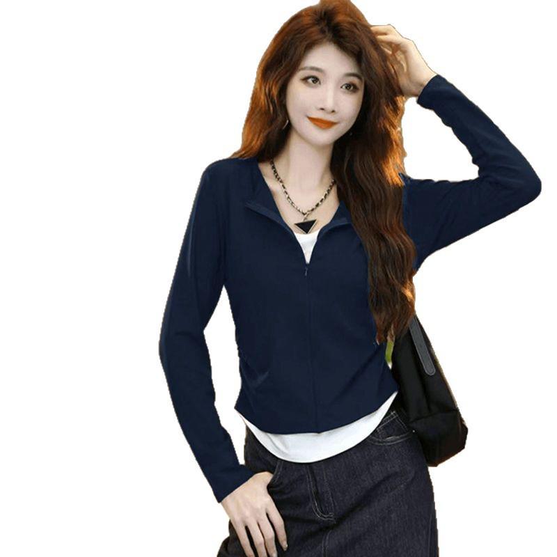 Women's Plus Size Slim Fit Patchwork Color Block Long Sleeve Zipper Top - Autumn Fake Two-Piece Style