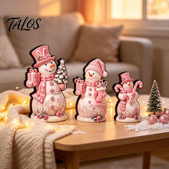Christmas Village Display Pieces 3Pcs Wooden Tabletop Decor, Cute Snowman Gingerbread Man Figurines, Festive Figures Table Centerpiece, Rustic
