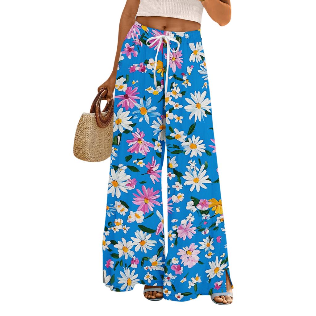 Women's Loose Casual Floral Print Wide Leg Pants With Elastic Waist Drawstring And Pocket Pants