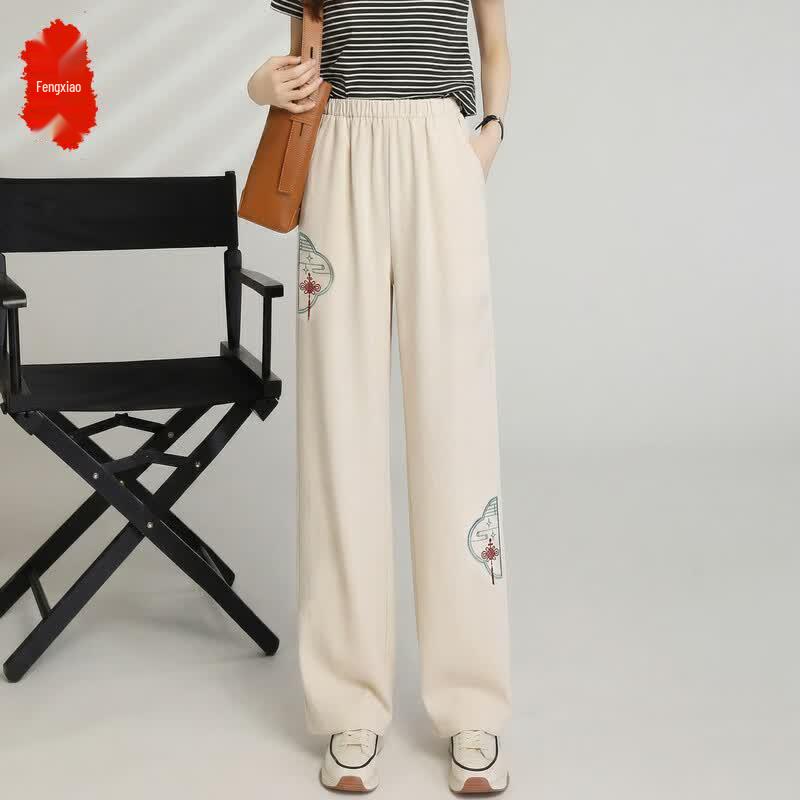 Fengxiao Mid-Aged Women s Chinese Style Embroidered Wide-Leg Pants 4XL