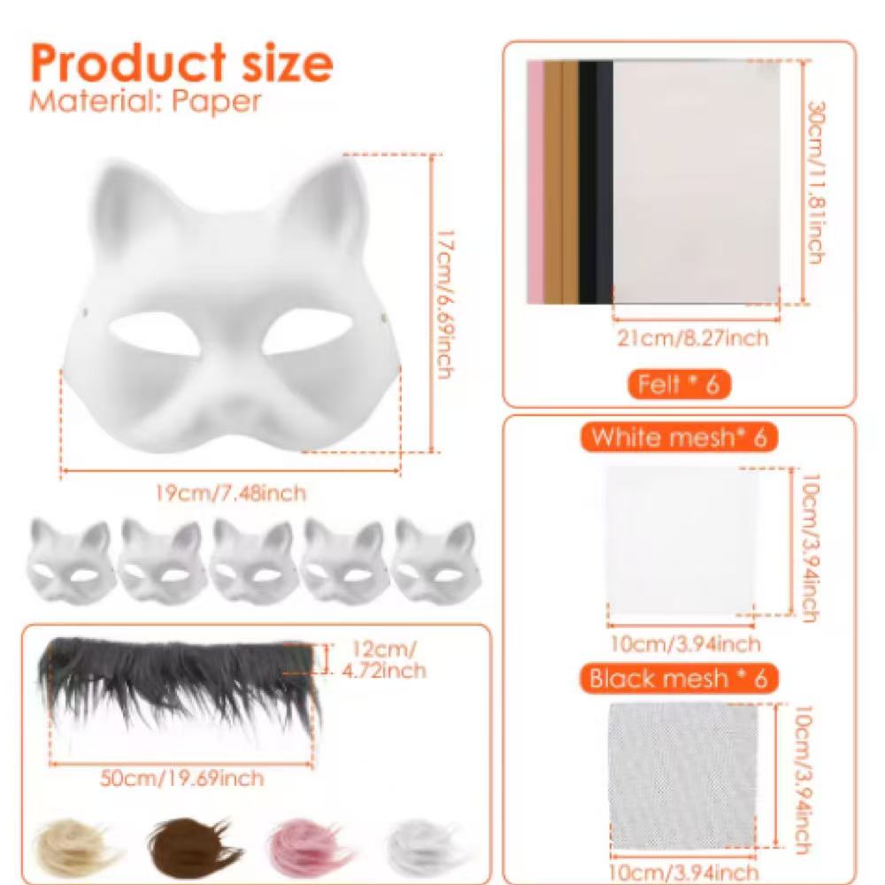 29pieces/set DIY Mask Kit Blank Cat Mask with Plush Faux Fur Eye Mesh Mask Crafting Masquerade Mask Birthday Halloween Party Decor