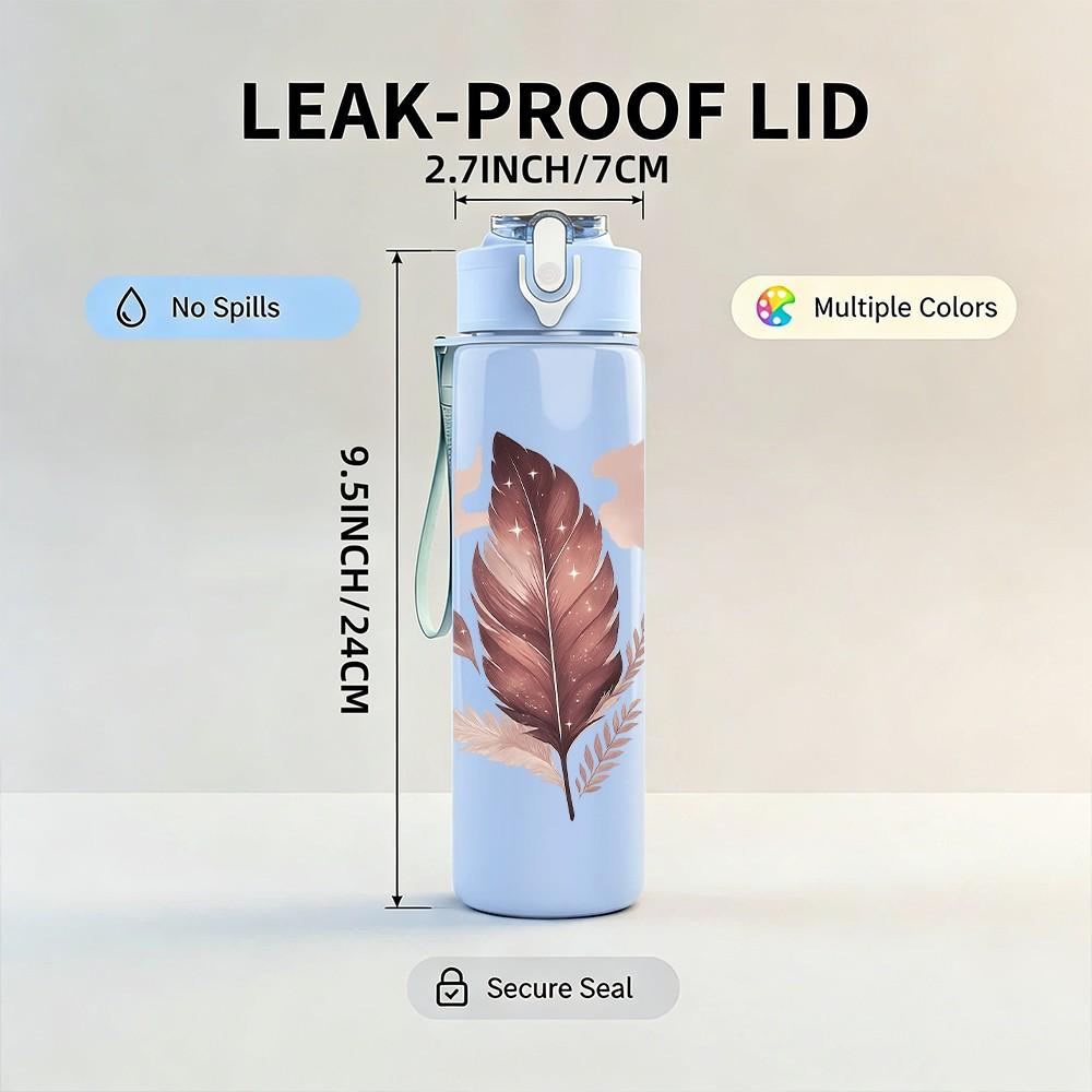 1PC Single Dried Feather Print 750ml Color Plastic Sports Water Bottle Leakproof Flip Straw Lid Suitable for Sports Office Home Use