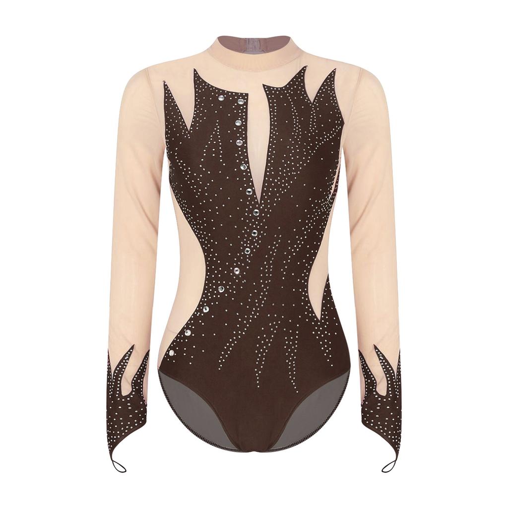 Justaucorps à Manches Longues Femme - Paillettes Strass, Maille Transparente, Pour Patinage Ballet