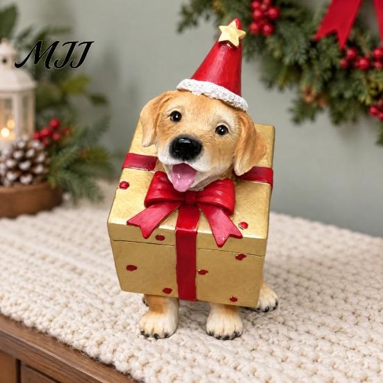 Cute Puppy Figurines Christmas Dog Figurine, Resin Statue in Tree & Gift Ornaments Box Costume, Festive Desktop Mantel Decor, Xmas for