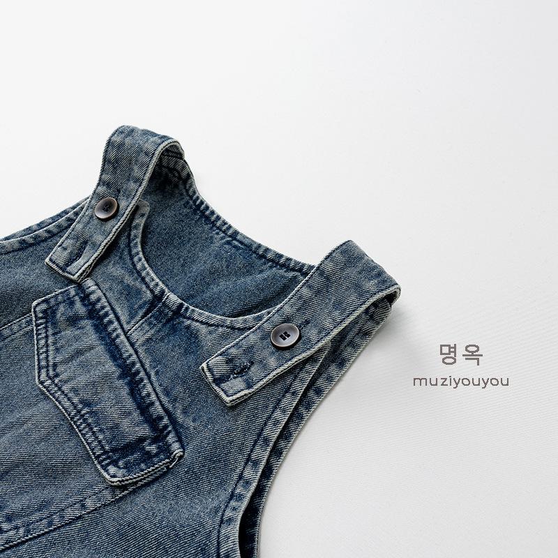 Kids Loose Casual Solid Denim Suspender Long Pants Unisex Baby Korean Style Children Clothing