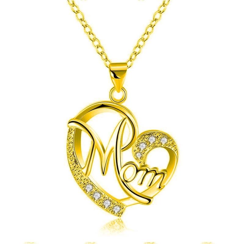 Mom Heart-shaped Pendant Diamond Letter Alloy Rhinestone Women Necklace Jewelry Mother Gift