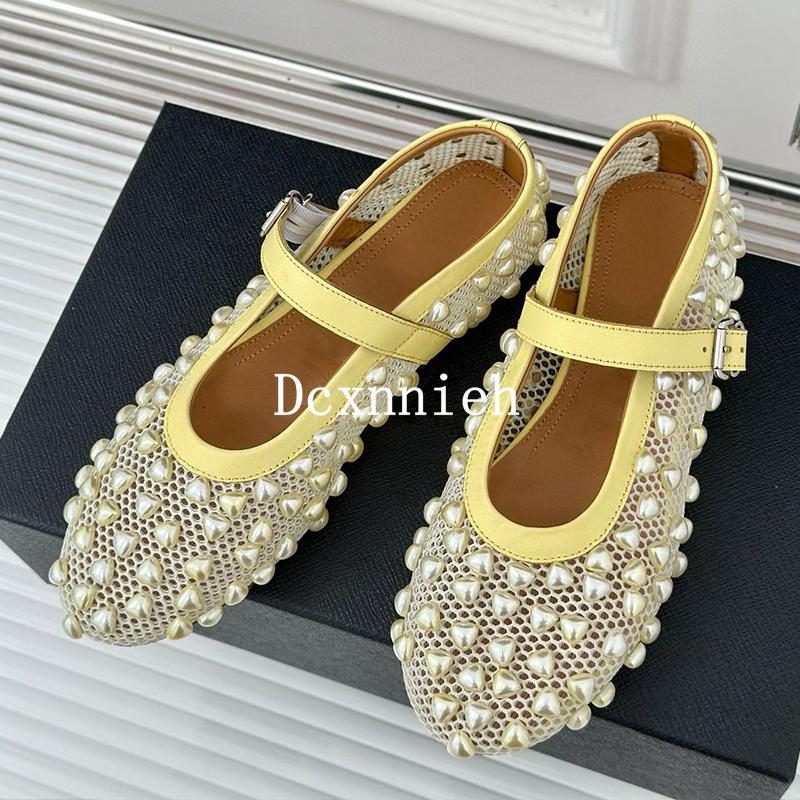 

New Fashionable Mesh Pearl Belt Buckle Mary Jane Single Shoes Women s Solid Color Comfortable Flat Ballet Dance Shoes 40 жовтий