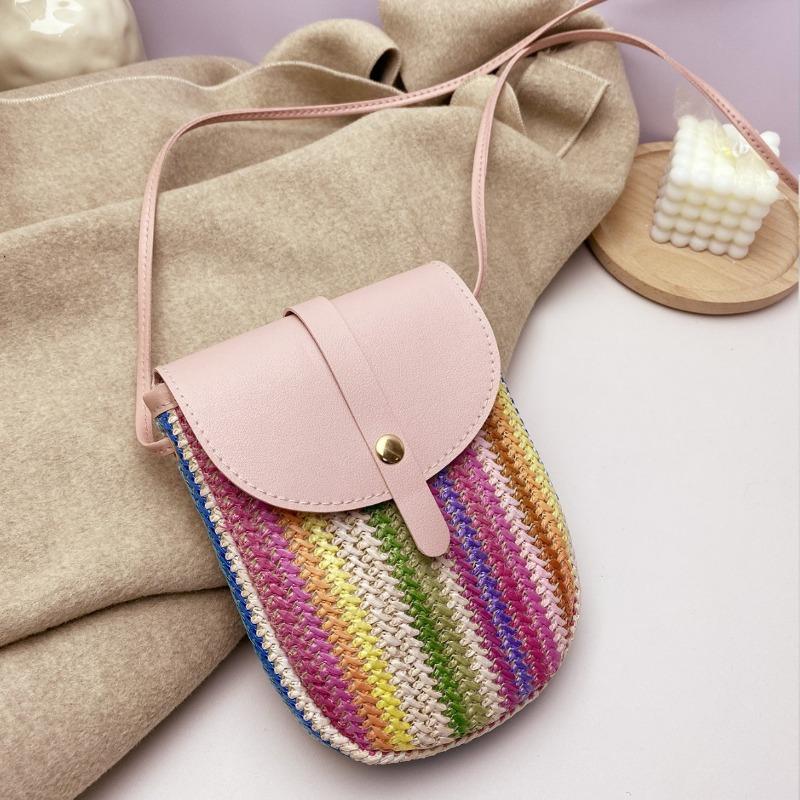 Straw Bag Women's New Niche Color Woven Women's Shoulder Messenger Bag Casual Contrasting Color Mobile Phone Bag Women