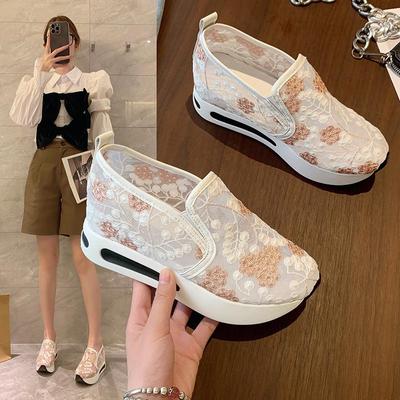Damenschuhe, Blumenstickerei, Mesh-Sneaker für Damen, zum Hineinschlüpfen, lässig, bequem, Schuhe mit hohen Absätzen für Damen