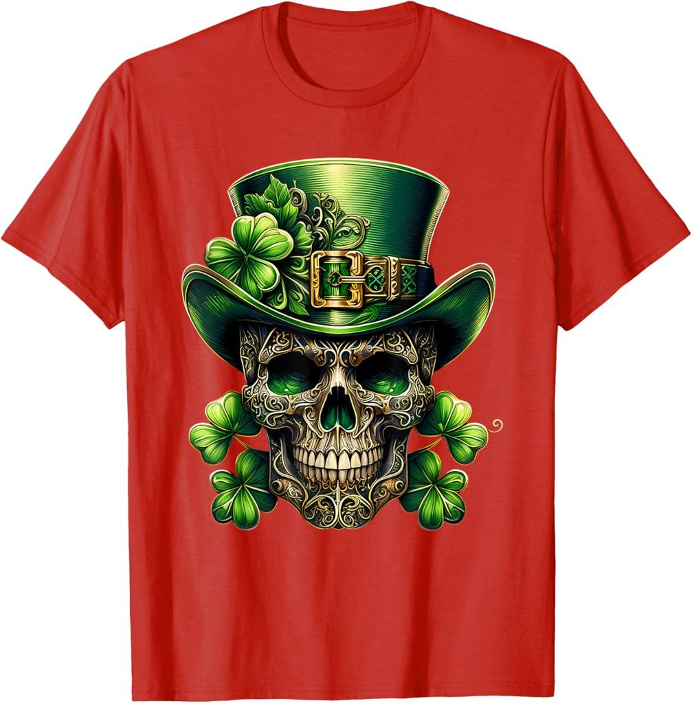 Leprechaun Skull St Patrick Day Shamrock Graphic Print Men's Cotton T-Shirt Daily Wear