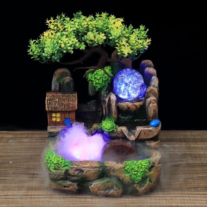 Indoor Resins Rockery Waterfall Fountains with Atomizer and LED Lighting Great for Home and Office Desktop Decoration