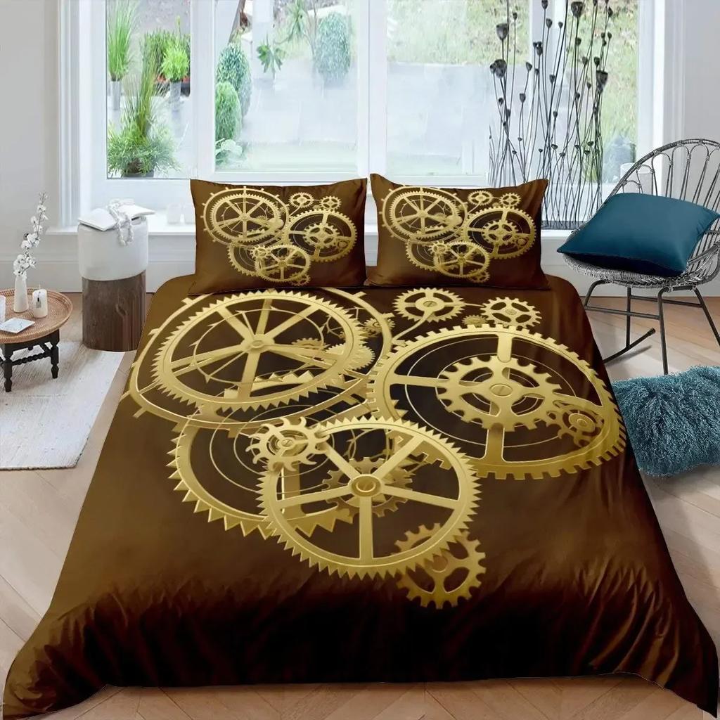 Gear Retro Golden Clock Comfortable Duvet Quilt Cover Pillowcase Bedding Set Children Bedroom Decoration Home Textile