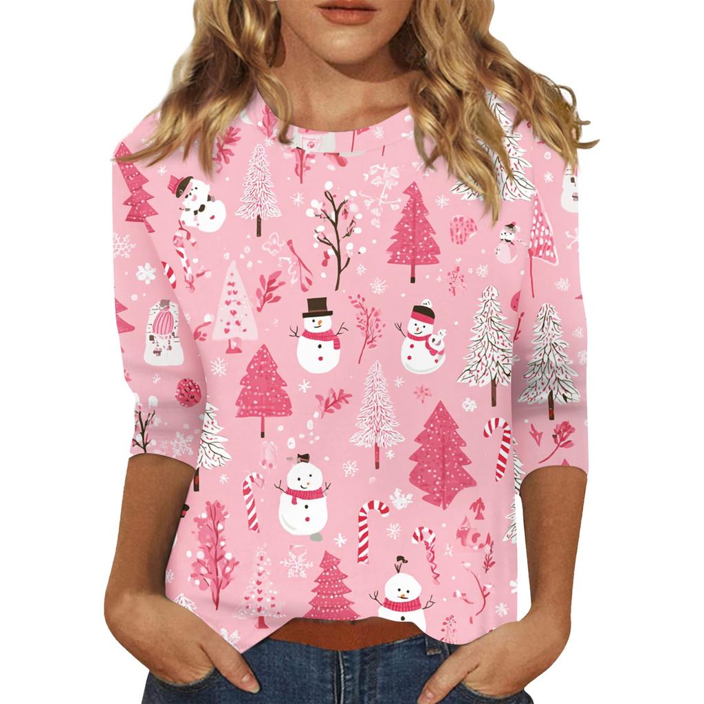 Women's O-Neck 3/4 Sleeve Christmas Print Top