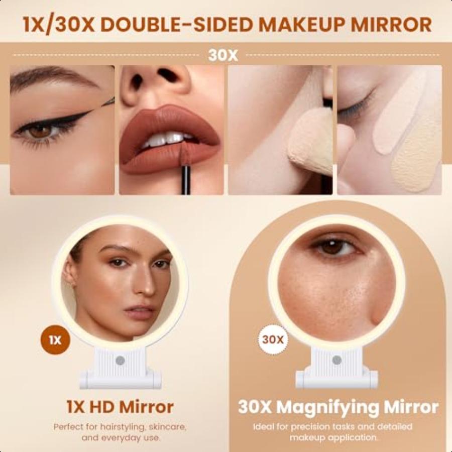 Makeup Mirror 1X 30X Magnification with 3 Level LED Lights 2000 mAh Rechargeable Double Sided Magnifying Mirror with 360 Rotati