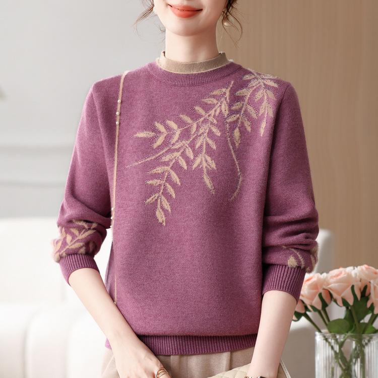 Вязаный свитер с маленьким воротником-стойкой для женщин среднего возраста с бархатным утолщением пуловер для женщин среднего и пожилого возраста 60 лет теплое базовое пальто 4XL 3577₽