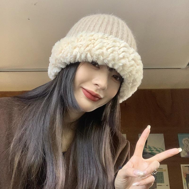 Women's Big Head Wool Hat with Versatile Face In Autumn and Winter Small Knitted Hat with Thickened Warm Plush Ear Protection Fisherman's Hat
