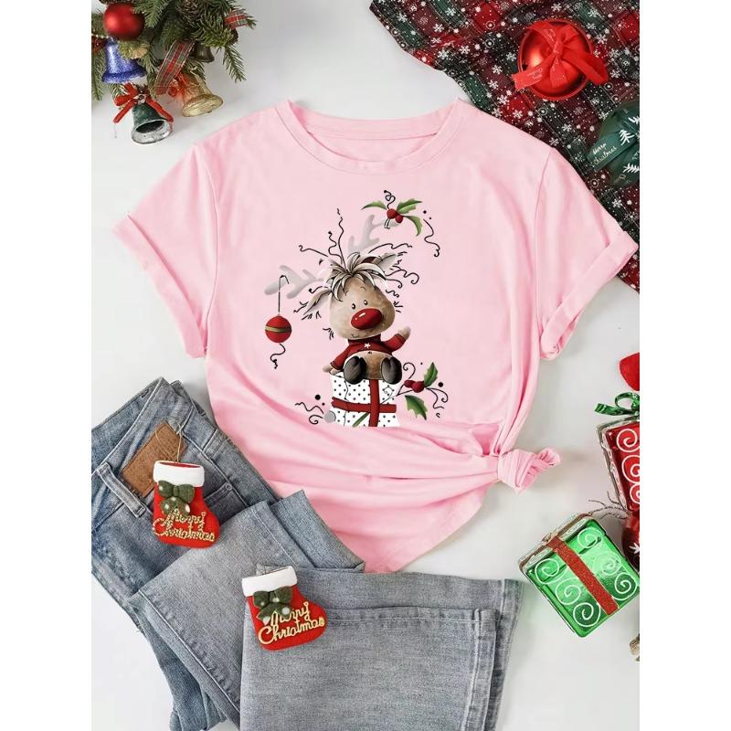 Sommer Damen 3D-Druck Rundhals Kurzarm T-Shirt Weihnachtskleid