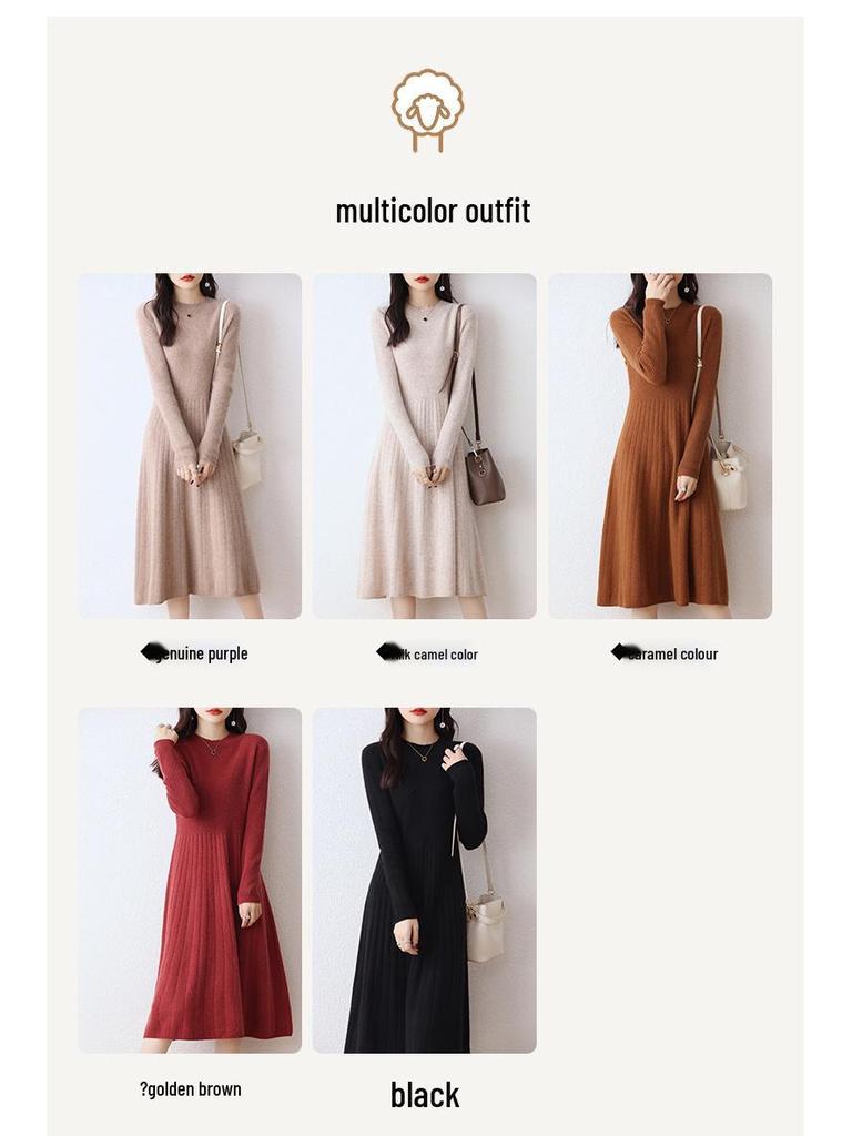 Women's Wool Round Neck Long Sweater Dress - Autumn/Winter Slim Knit Versatile Outerwear