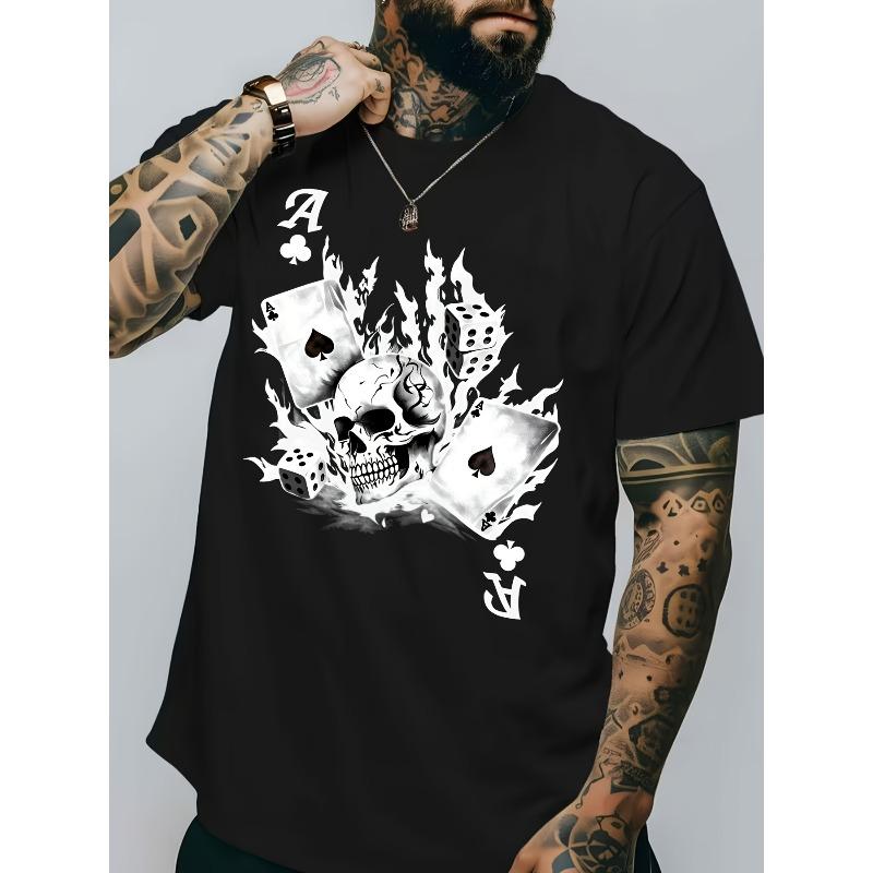 

European sizes Men S T-Shirt | Skull, Poker Dice, Flame, Spades A Pattern | Black and White Design Centered on Front 4XL