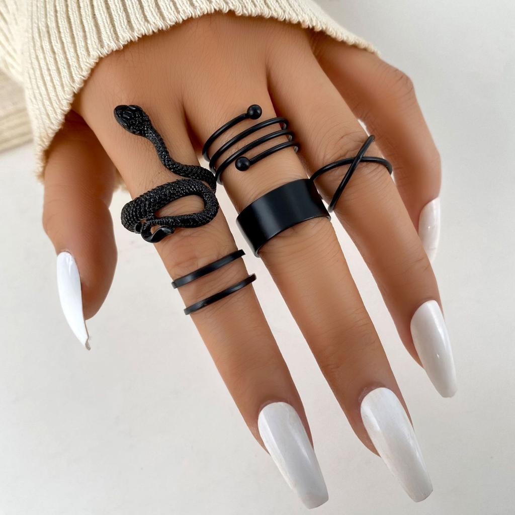 Vintage Gothic Black Rings Set for Women Girls Retro Multi Knuckle Joint Finger Ring Personality Snake Trendy Zircon