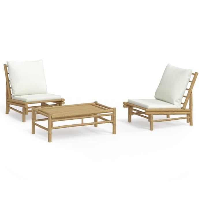 VidaXL Salon de jardin 3 pcs avec coussins blanc crème bambou 3156489