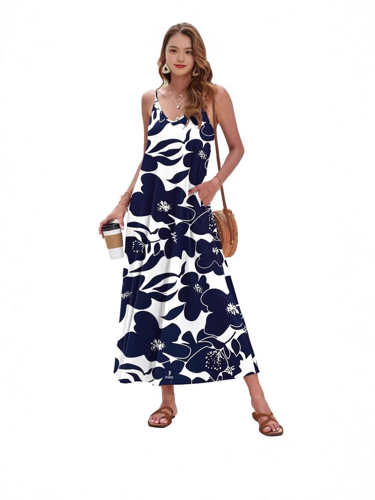 2026 Elegant European & American Spaghetti Strap Long Printed Dress with Pockets