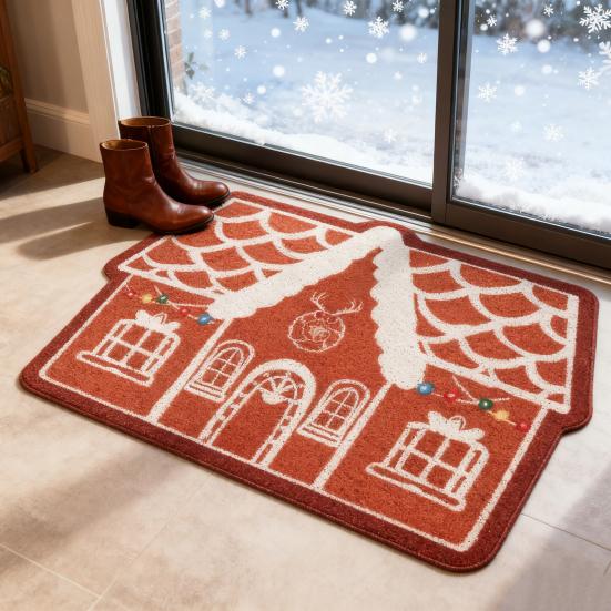 Gingerbread House Christmas Rug Gingerbread Welcome Door Mat Christmas Non Slip Entrance Rug