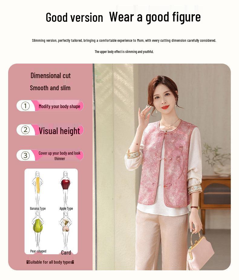 Elegant Spring National Style Two-Piece Vest Set for Mother's Day - Chic Middle-Aged & Elderly Women's Fashion