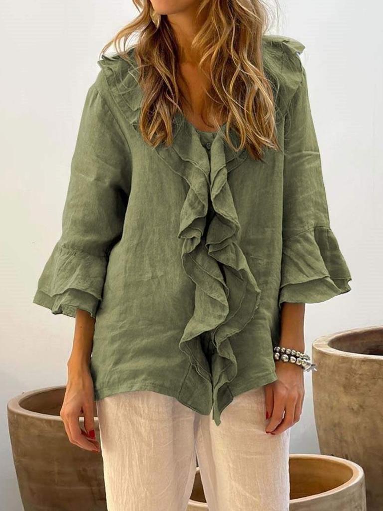 Autumn Solid Color V-Neck Flared Sleeve Leaf Edge One-Row Multi-Buckle Arc Shoulder Top