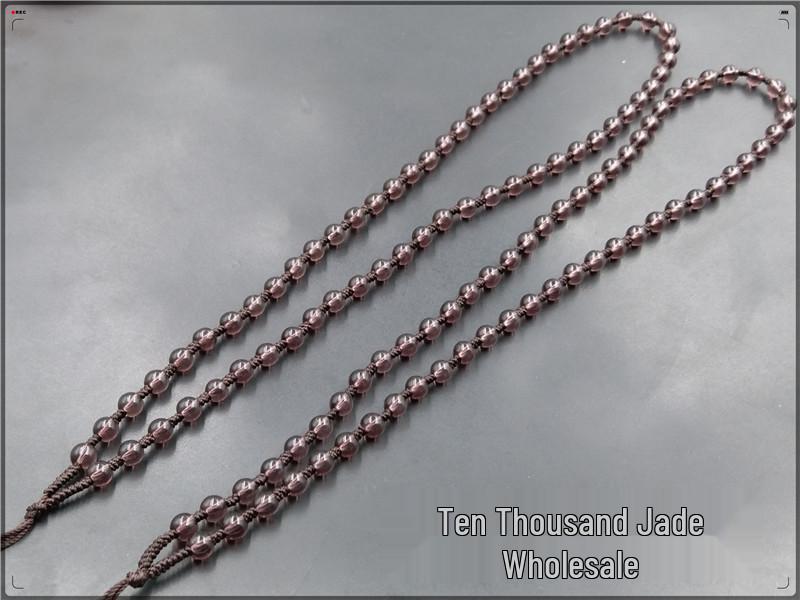 Hand-Woven Amethyst Round Bead Necklace with Purple Cord Hanging Rope