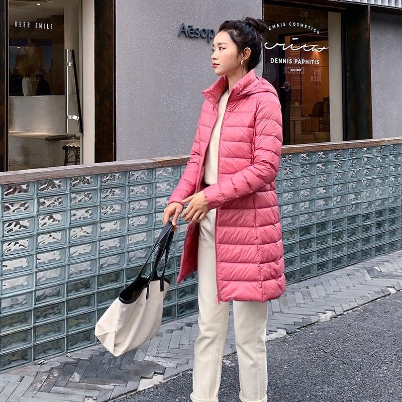 Womens Lightweight Down Coat Mid-Length Removable Hood Slim Fit White Duck Jacket 2026 Fall